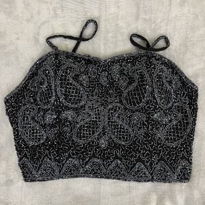 Vintage Black Silver Beaded Butterfly Bustier Corset Top Sz L Evening Glamour